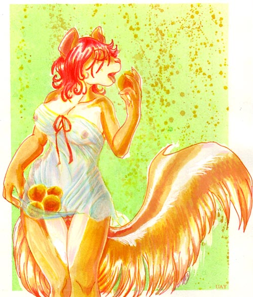 anthro bare_shoulders breasts butt butt_from_the_front clothed clothing dress eyes_closed female food fruit genitals hair nipples peach_(fruit) plant pussy red_hair skimpy solo strapless_clothing strapless_topwear sundress tail tongue topwear translucent translucent_clothing translucent_dress uaykan mammal mephitid skunk striped_skunk 2006 orange_theme warm_colors