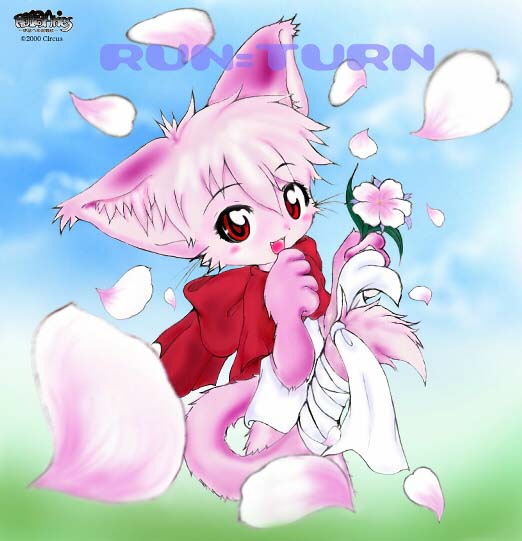 anthro female flower fur pink_body pink_fur plant red_eyes solo tail text young young_anthro young_female momiji_yu-ga tail_tale yaminabe_aries run_turn domestic_cat felid feline felis mammal 2000 english_text