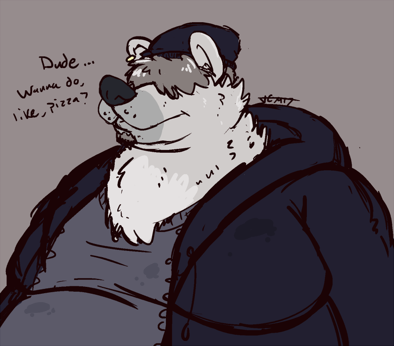 anthro beanie belly big_belly clothed clothing ear_piercing fur hat headgear headwear hoodie male moobs obese obese_anthro obese_male overweight overweight_anthro overweight_male piercing solo text topwear white_body white_fur kikatsu patrick_o'toole bear mammal polar_bear ursine english_text