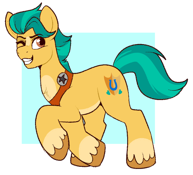 chest_tuft cutie_mark eyebrows feral green_hair green_tail hair hooves male one_eye_closed smile solo tail tuft yellow_body lulubell hasbro mlp_g5 my_little_pony hitch_trailblazer_(mlp) earth_pony equid equine horse mammal pony