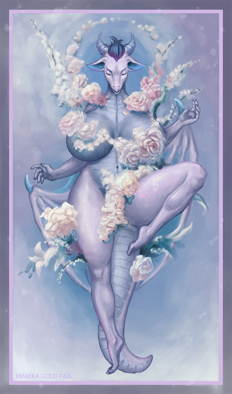 anthro big_breasts blue_hair blue_wings border breasts claws eyes_closed female flower front_view grey_body grey_scales hair huge_breasts membrane_(anatomy) membranous_wings navel nude plant rose_(flower) scales short_hair simple_background solo tail white_flower wing_claws wings himeragoldtail mythology tulina dragon mythological_creature mythological_scalie scalie 2019 artist_name full-length_portrait hi_res portrait