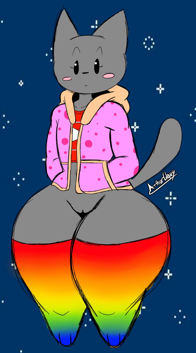 3_toes :< alternate_form anthro anthrofied belly bent_arm black_nose blush bottomless clothed clothing cosmic_background dot_eyes eyelashes feet female food food_print fur genitals grey_body grey_fur hand_in_pocket hoodie legwear looking_at_viewer multicolored_clothing multicolored_legwear multicolored_thigh_highs navel pattern_clothing pink_clothing pockets pussy rainbow rainbow_clothing rainbow_legwear rainbow_thigh_highs red_clothing red_shirt red_topwear shirt solo space spots spotted_clothing starry_background thick_thighs thigh_highs toes topwear arthurclaws nyan_cat_(copyright) pop-tarts youtube nyan_cat domestic_cat felid feline felis mammal 2018 artist_name hi_res meme sketch