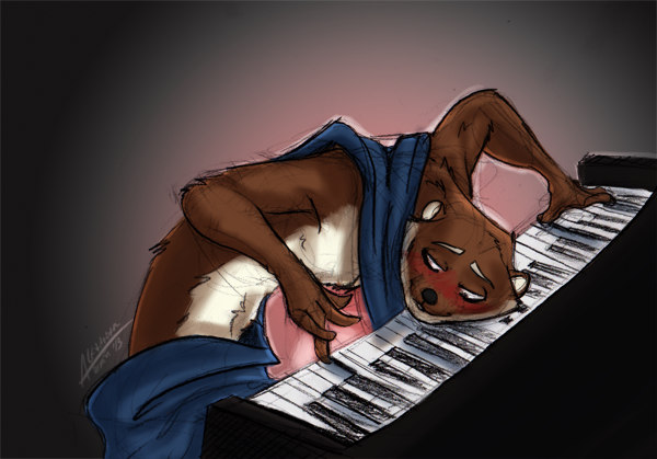 anthro bed_sheet bedding blush keyboard_instrument male musical_instrument nude piano playing_music playing_piano red_blush solo amonomega felix_arden least_weasel mammal mustelid musteline true_musteline weasel