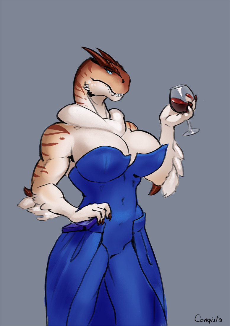 alcohol anthro beverage big_breasts blue_eyes breasts claws cleavage clothed clothing container cup dress drinking_glass female fully_clothed glass glass_container glass_cup holding_glass holding_object horn muscular muscular_anthro muscular_female non-mammal_breasts sharp_teeth shoulderless_dress solo teeth wine wine_glass conqista dinosaur prehistoric_species reptile scalie 2022