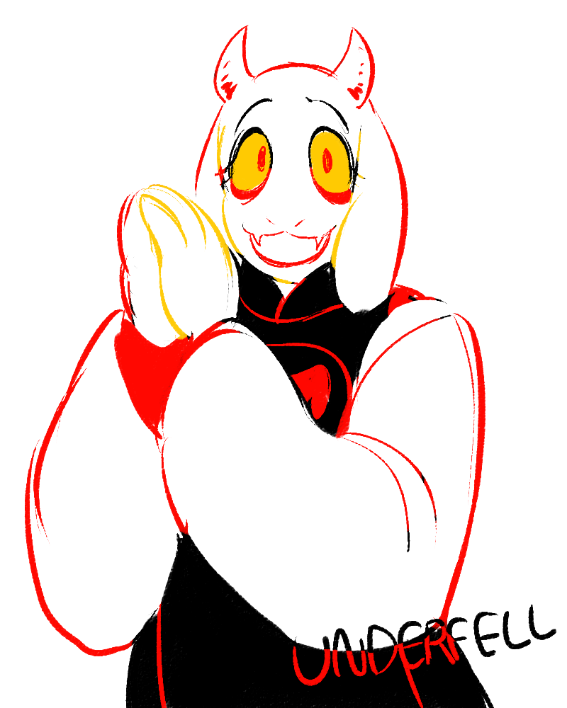 alternate_universe anthro clothing creepy fangs female fur open_mouth simple_background smile solo teeth white_background white_body white_fur yellow_sclera chibimu underfell undertale undertale_(series) toriel_(underfell) boss_monster_(undertale) bovid caprine mammal 4:5