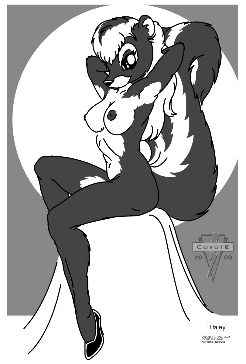 anthro black_body black_fur black_nipples breasts clothing female footwear fur high_heels nipples pose shoes solo tail white_body white_fur joseph_ny haley mammal mephitid skunk 1993 2008 bad_metadata greyscale missing_sample monochrome pinup