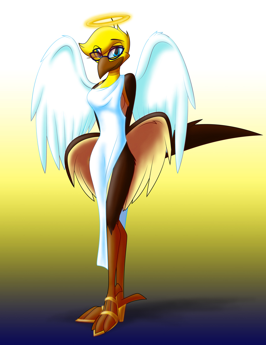 anthro beak bedroom_eyes clothed clothing eyebrows eyelashes eyewear feathered_wings feathers feet female footwear glasses half-closed_eyes narrowed_eyes pose sandals seductive shoes simple_background solo talons toes wings yellow_body yellow_feathers whitephoenix52 feather_6 eliana avian bird