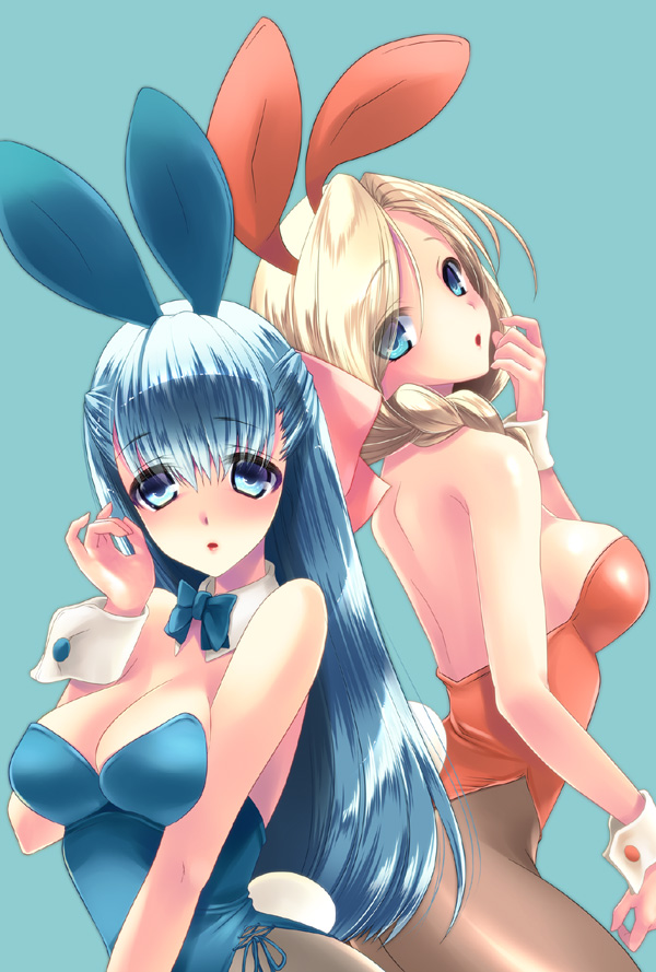 big_breasts blonde_hair blue_clothing blue_ears blue_eyes blue_hair blush bow_(feature) bow_tie breasts bunny_costume clothing costume curious duo female hair looking_at_viewer open_mouth playboy_bunny purple_eyes simple_background no._108 animal_humanoid humanoid lagomorph lagomorph_humanoid leporid_humanoid mammal mammal_humanoid rabbit_humanoid