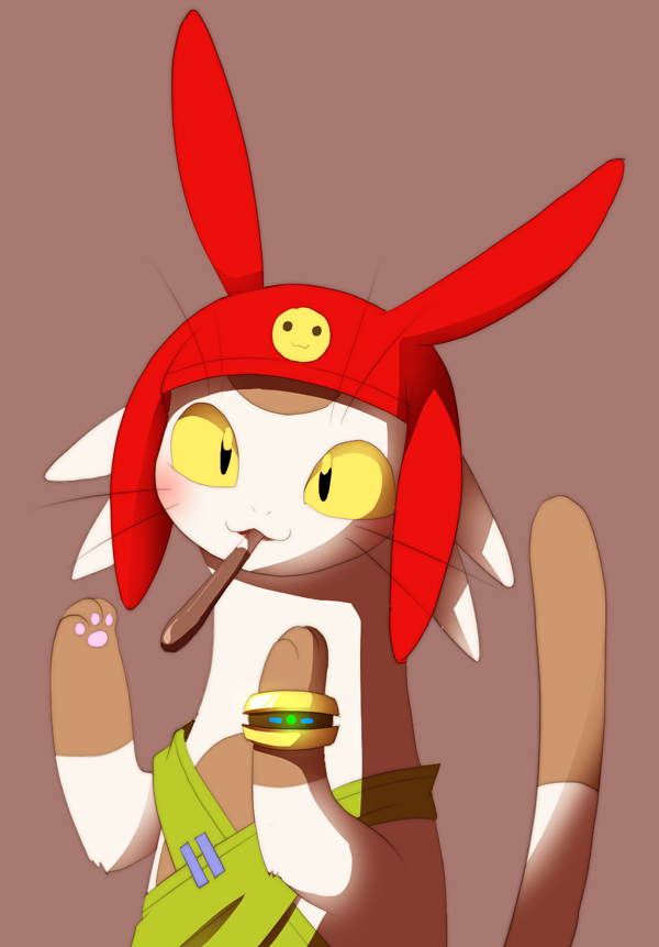 :3 blush bracelet clothing eating food fur hat headgear headwear jewelry male simple_background solo tan_body tan_fur whiskers yellow_eyes moffuriini_(artist) ancient_aliens pocky space_dandy meow_(space_dandy) betelgeusian felid mammal meme