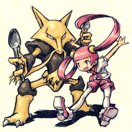 cutlery duo female hair holding_object holding_spoon kitchen_utensils long_hair open_mouth pink_hair simple_background spoon tools white_background may_dog nintendo pokemon alakazam generation_1_pokemon human mammal pokemon_(species) 1:1 low_res