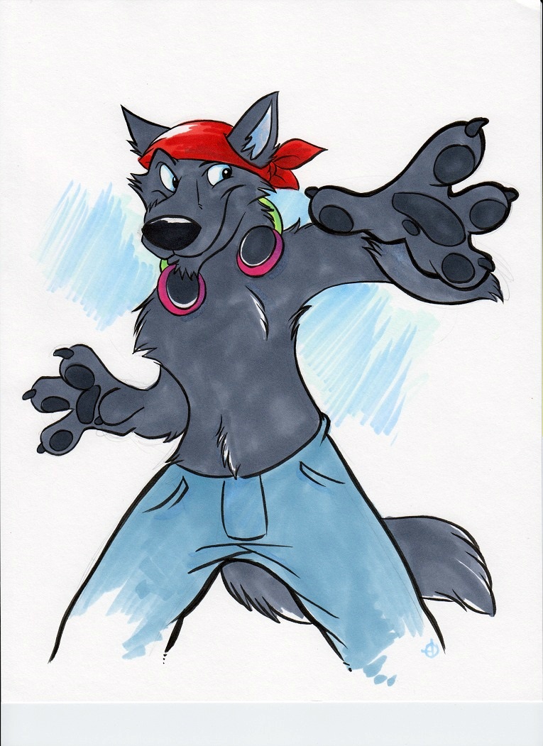 anthro black_nose clothing disc_jockey electronics headgear headkerchief headphones headphones_around_neck headwear kerchief male simple_background solo tail toony white_background marymouse lupine_assassin canid canine canis mammal wolf 2010