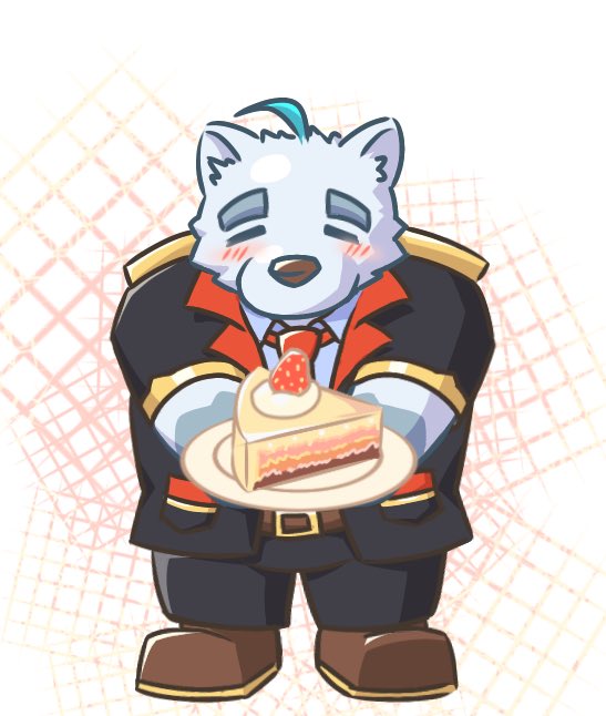 anthro biped blush bottomwear cake chibi clothing dessert eyes_closed food fruit kemono male necktie pants plant shirt solo strawberry topwear tamotoji_x knights_college paul_pfitzner bear mammal polar_bear ursine 2021