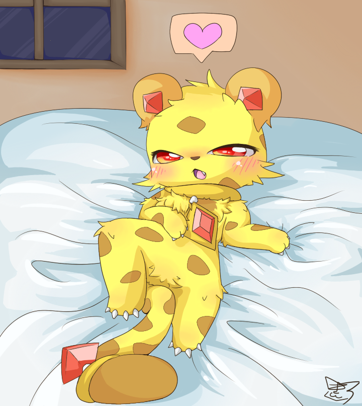 bed bedroom_eyes blush brown_body brown_fur brown_spots claws feral fur furniture gem half-closed_eyes heart_symbol inside jewelry lying male markings narrowed_eyes night red_eyes seductive solo spots spotted_body spotted_fur window yellow_body yellow_fur kinshiro_kemo jewelpet sanrio sega sega_fave jasper_(jewelpet) cheetah felid feline mammal signature