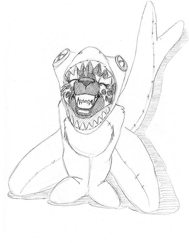 all_fours anthro clothing costume dreadlocks eyes_closed female kigurumi onesie simple_background smile solo teeth wolfkidd dekka_(wolfkidd) hyena mammal spotted_hyena 2018 greyscale monochrome