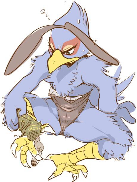 anthro beak blue_body blue_feathers bunny_costume clothing costume feathers japanese kemono legwear lingerie male playboy_bunny playboy_outfit solo stockings yellow_beak 1boshi nintendo star_fox falco_lombardi avian bird 2015