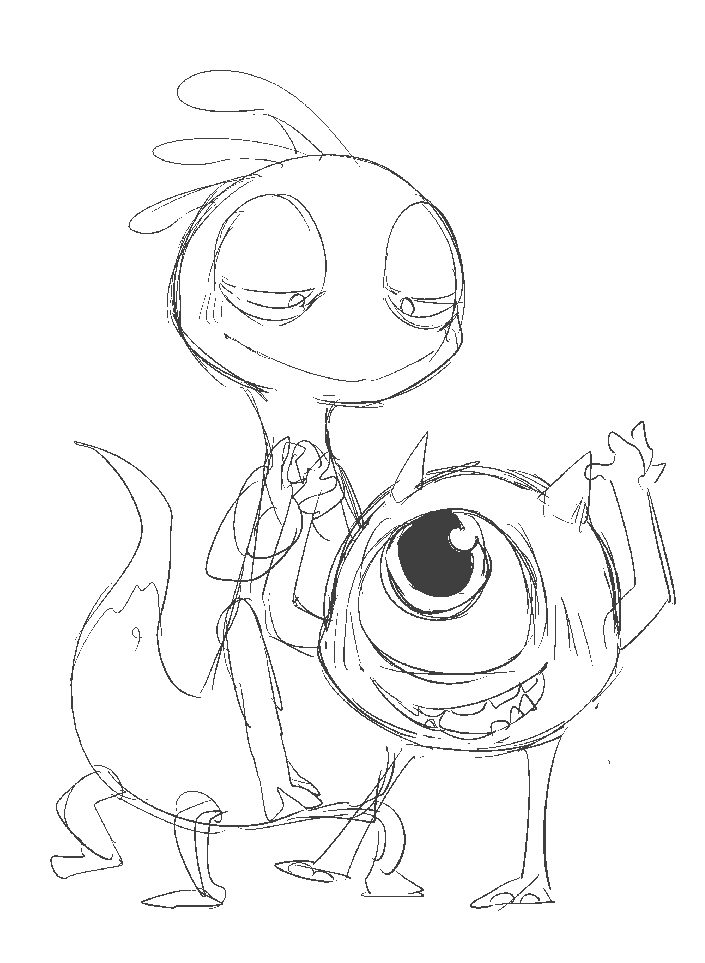 duo doneru disney monsters_inc pixar mike_wazowski randall_boggs 2013 aliasing digital_media_(artwork) monochrome sketch