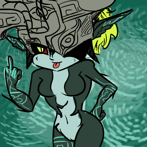 breasts featureless_breasts female genitals gesture hand_gesture looking_at_viewer middle_finger navel not_furry pussy red_eyes solo tongue tongue_out saltcore nintendo the_legend_of_zelda twilight_princess midna humanoid twili 1:1 2011