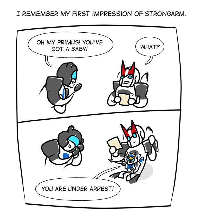 autobot blue_eyes confusion dialogue female group holding_object horn humor machine male not_furry open_mouth simple_background smile text white_background pollution-of-subterranean-waters hasbro takara_tomy transformers jazz_(transformer) prowl_(transformer) strongarm_(character) cybertronian humanoid living_machine robot comic digital_media_(artwork) english_text