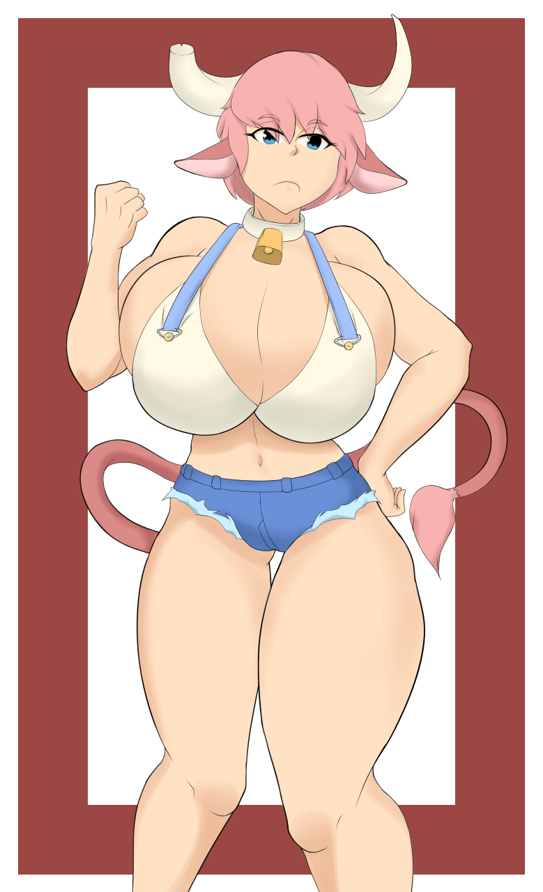 big_breasts blue_eyes bottomwear breasts broken_horn cleavage clothed clothing cowbell female fist hair hand_on_hip horn huge_breasts navel pink_hair raised_arm raised_fist raised_hand shorts solo tight_clothing redx331 animal_humanoid bovid bovid_humanoid bovine bovine_humanoid cattle_humanoid humanoid mammal mammal_humanoid 2015 hi_res