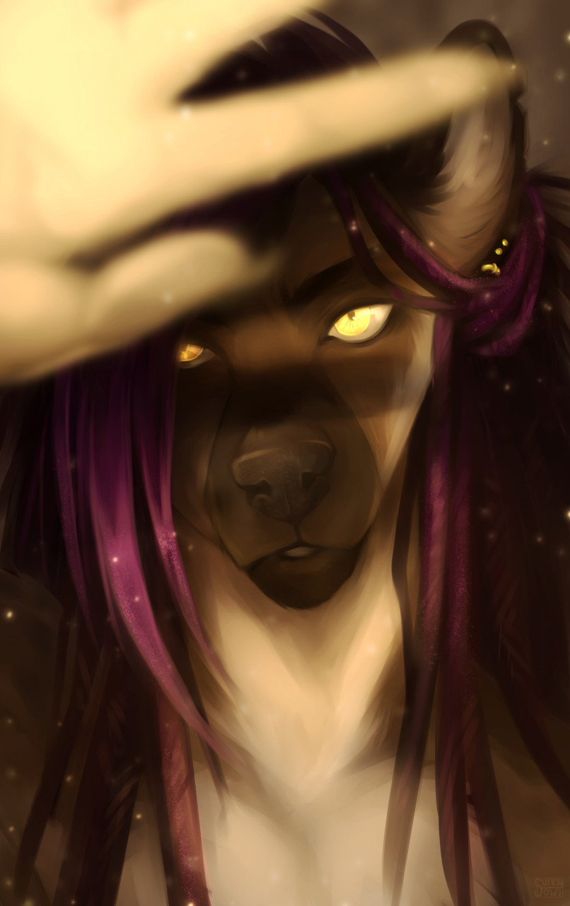 anthro female hair purple_hair solo yellow_eyes sunnyowi lucius_(sunniowi) canid mammal 2021 digital_media_(artwork) headshot_portrait hi_res portrait