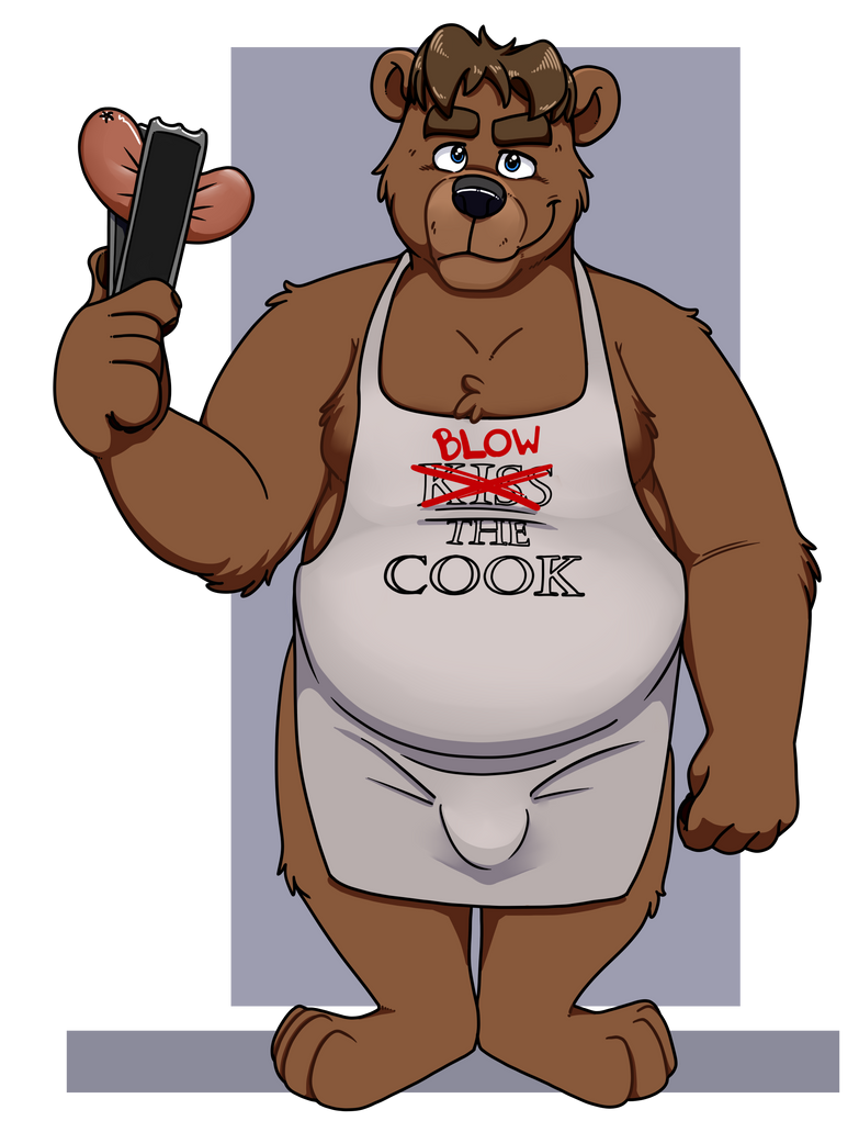 anthro apron black_nose brown_body brown_fur bulge clothing food fur humanoid_hands male overweight overweight_male simple_background solo transparent_background neenya bear mammal 2021 alpha_channel