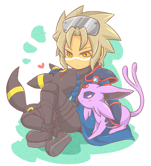 ambiguous_gender blush boots clothed clothing feral footwear forehead_gem gem group hair heart_symbol male petting shoes sitting smile yellow_eyes atusix nintendo pokemon pokemon_colosseum wes_(pokemon) eeveelution espeon generation_2_pokemon human mammal pokemon_(species) umbreon