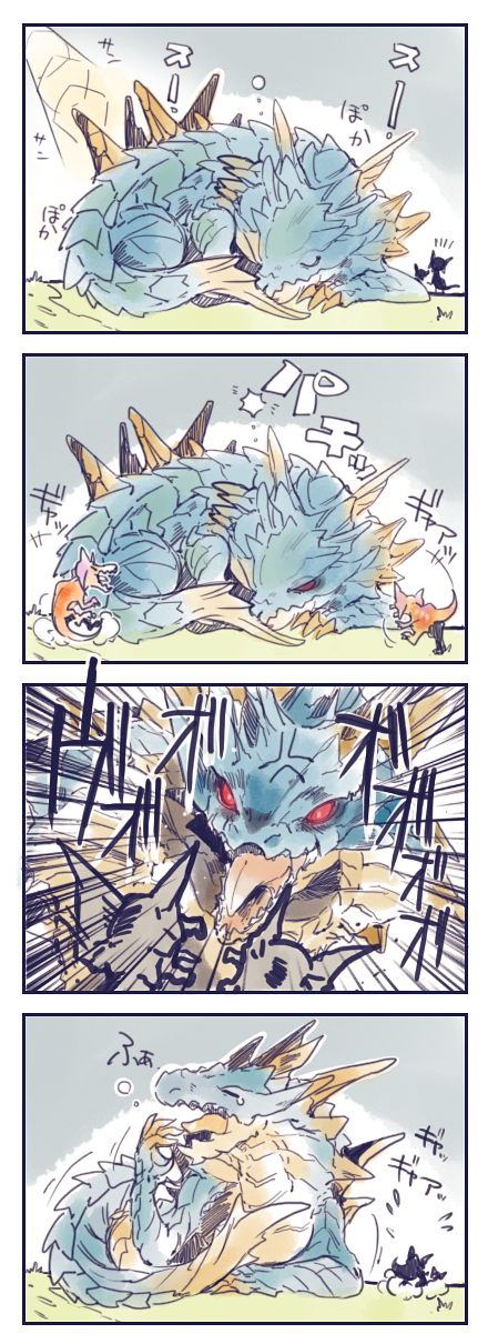 ambiguous_gender blue_body blue_scales claws cross-popping_vein eyes_closed feral glowing glowing_eyes horn red_eyes scales simple_background sleeping text de_ktgr capcom monster_hunter bird_wyvern jaggi lagiacrus leviathan_(mh) scalie comic hi_res japanese_text translation_request