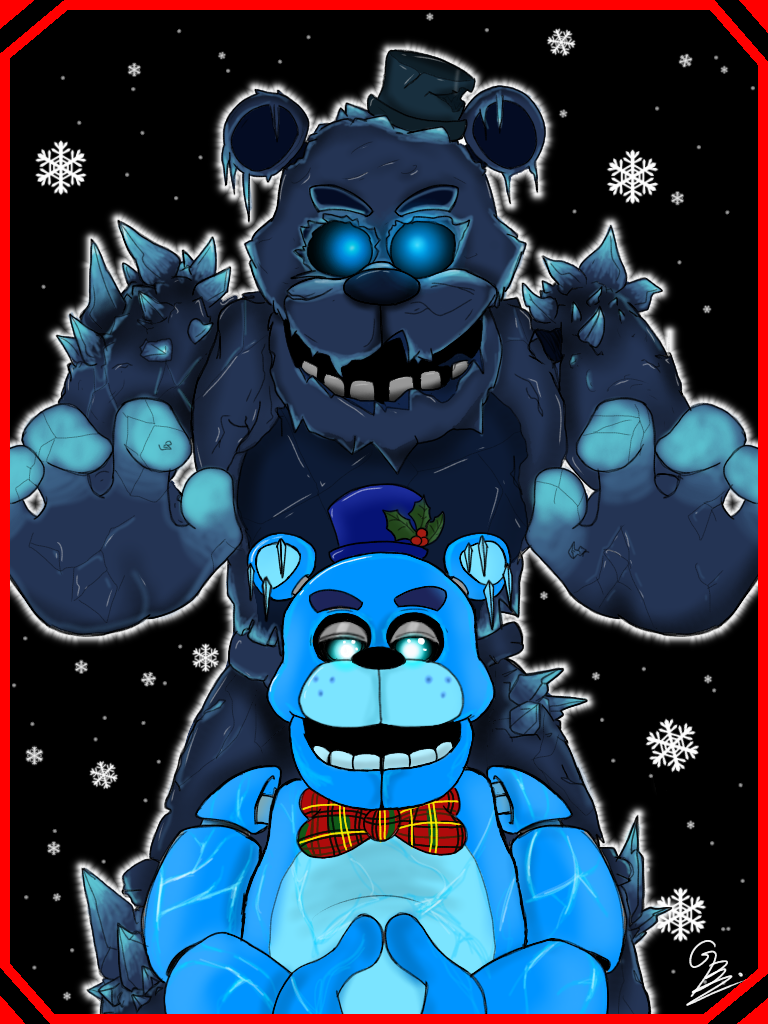 anthro black_background black_bars black_eyebrows black_nose blue_ears blue_eyes blue_nose bow_tie clothing duo eyebrows frozen glowing glowing_eyes half-closed_eyes hat headgear headwear ice icicle looking_at_viewer machine male narrowed_eyes open_mouth round_ears simple_background size_difference smile snow snowflake spikes standing teeth top_hat grizzlyboi75 five_nights_at_freddy's five_nights_at_freddy's_ar scottgames black_ice_frostbear freddy_frostbear_(fnaf_ar) animatronic bear mammal robot 2020 3:4 signature