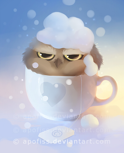 ambiguous_gender beak brown_body brown_feathers container cup disgruntled feathers feral gradient_background looking_at_viewer simple_background snow snowing solo tea_bag apofiss avian bird owl low_res reaction_image