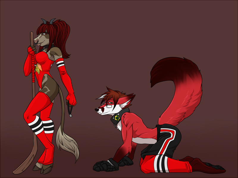 anthro bdsm clothing collar duo hockey legwear petplay roleplay simple_background sport stockings midnightdraven chicago_blackhawks allikuja dusty_montale bovid bovine canid canine fox mammal 4:3