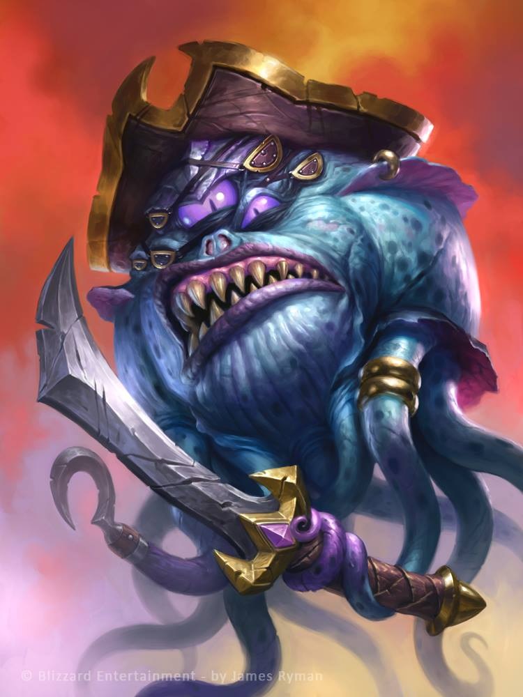 angry blue_body blue_skin clothing eye_patch eyewear hat headgear headwear melee_weapon multi_arm multi_limb piercing pirate purple_sclera ring sharp_teeth simple_background solo sword teeth tentacles warrior weapon james_ryman blizzard_entertainment hearthstone patches_the_pirate beholder 3:4