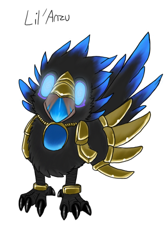 ambiguous_gender armor baby beak black_body black_feathers blue_body blue_feathers domestic_pet feathers feral glowing glowing_beak glowing_eyes gold_(metal) jewelry looking_at_viewer metal simple_background solo white_background young vonderdevil blizzard_entertainment warcraft anzu_the_raven_god hean avian bird corvid corvus_(genus) crow oscine passerine raven