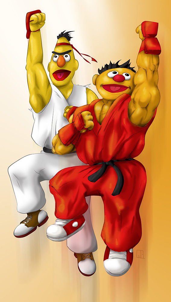 clothed clothing duo keikogi male martial_arts_uniform muscular not_furry shoryuken simple_background sportswear gavacho13 capcom pbs sesame_street street_fighter bert_(sesame_street) ernie_(sesame_street) ken_masters ryu_(street_fighter) humanoid 2009