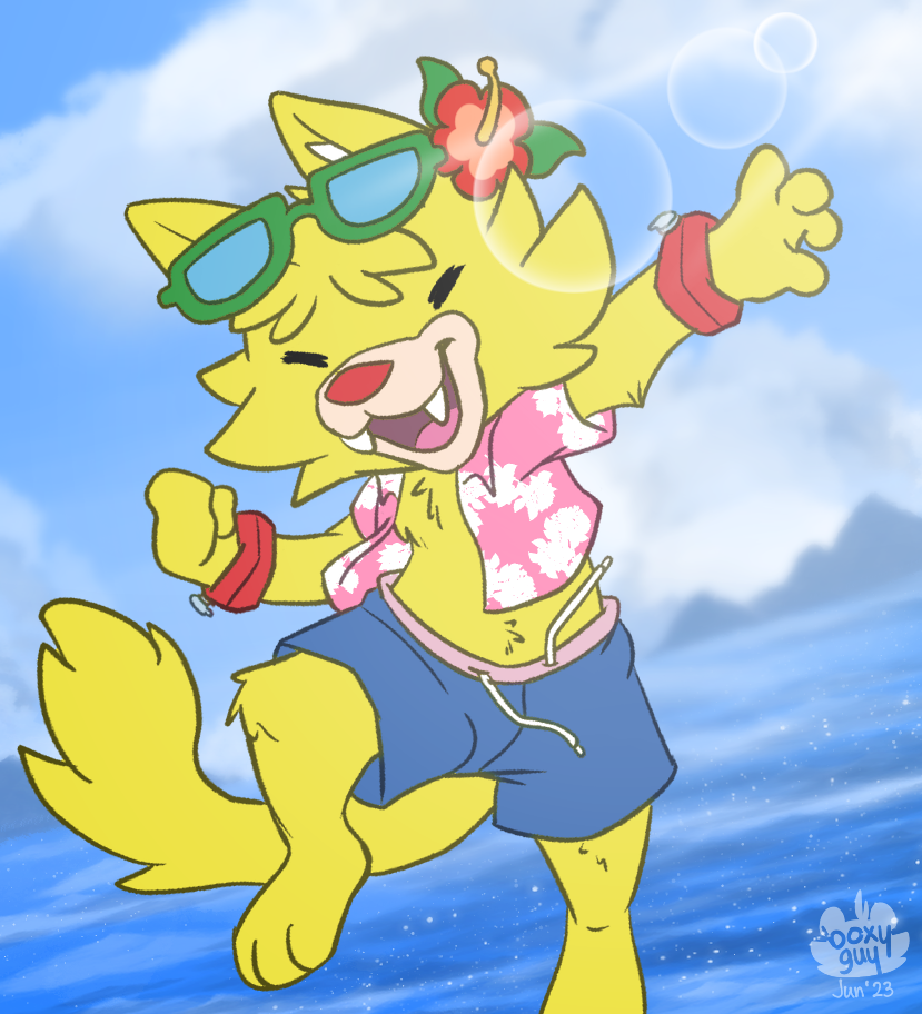 anthro beach clothed clothing fur hair outside sea seaside sky smile swimming_trunks swimwear tropical_shirt water nutty_bo nintendo warioware spitz_(warioware) domestic_cat felid feline felis mammal