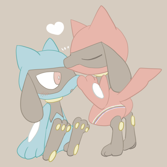 alternate_color ambiguous_gender anthro black_body black_fur blue_body blue_fur duo fur heart_symbol kissing red_body red_fur sitting standing sikai nintendo pokemon generation_4_pokemon pokemon_(species) riolu 1:1