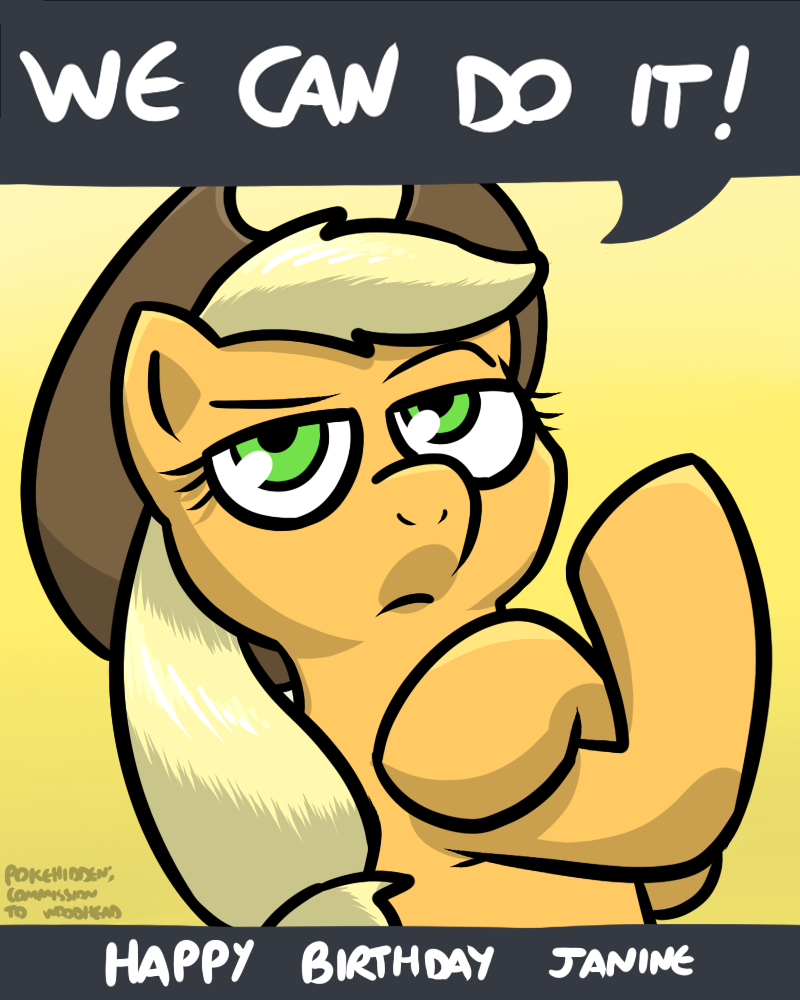 blonde_hair clothing cowboy_hat eyelashes female feral green_eyes hair happy_birthday hat headgear headwear hooves ponytail pose quadruped solo text pokehidden friendship_is_magic hasbro my_little_pony we_can_do_it! applejack_(mlp) rosie_the_riveter earth_pony equid equine horse mammal pony 4:5 english_text signature