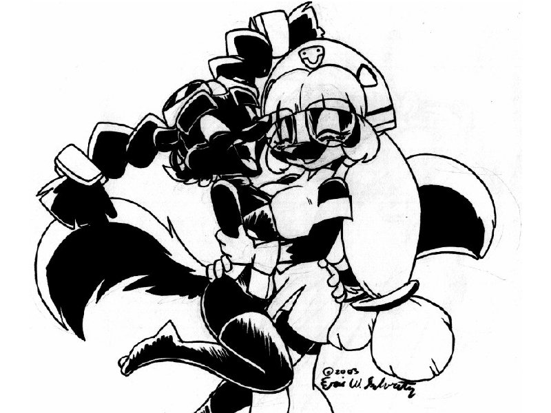 anthro breasts clothed clothing costume duo eyewear female fur glasses hair tail eric_schwartz mon_colle_knights gluko stacey_skunkette tracey_tailor mammal mephitid skunk 2003 4:3 black_and_white monochrome pen_(artwork) traditional_media_(artwork)