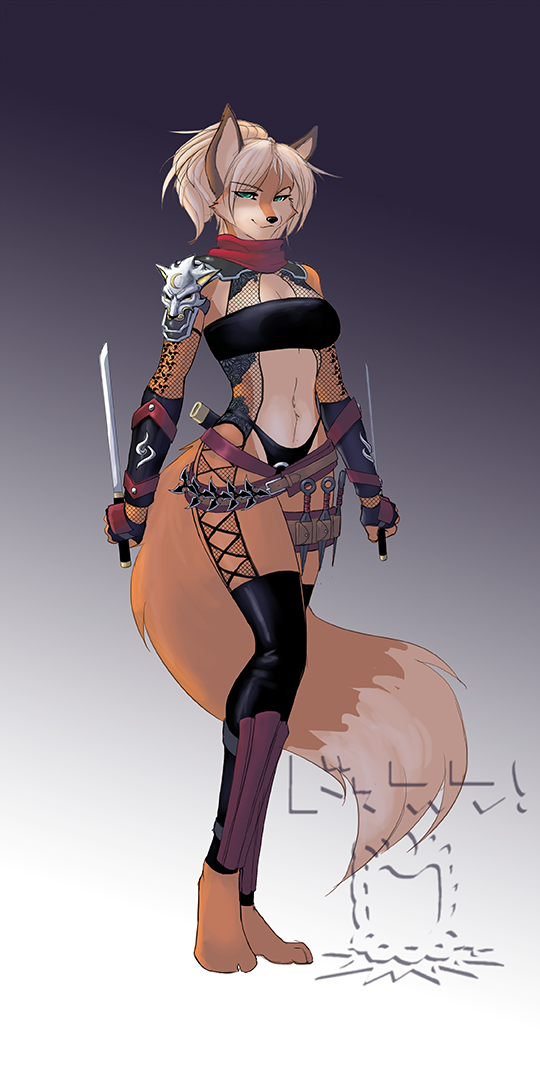 anthro armor assassin belt blonde_hair bra clothing dagger dual_wielding female gradient_background green_eyes hair holding_melee_weapon holding_object holding_sword holding_weapon kunai legwear melee_weapon ninja panties ranged_weapon scarf shin_guards shuriken simple_background smile solo sword thigh_highs throwing_knives unconvincing_armor underwear warrior weapon dossun selene_(dossun) canid canine fox mammal 1:2