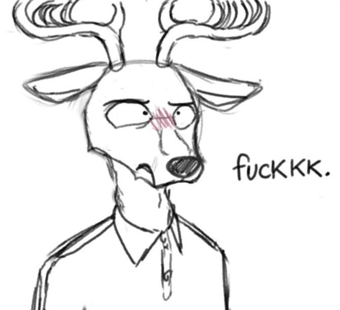 adam's_apple anthro antlers black_nose blush closed_frown clothing ears_down frown horn male pivoted_ears polo_shirt profanity pupils shirt simple_background small_pupils solo text topwear white_background white_clothing white_eyes white_polo_shirt white_topwear aureldrawsstuff third-party_edit beastars louis_(beastars) cervine deer mammal red_deer 2019 bust_portrait english_text portrait reaction_image restricted_palette