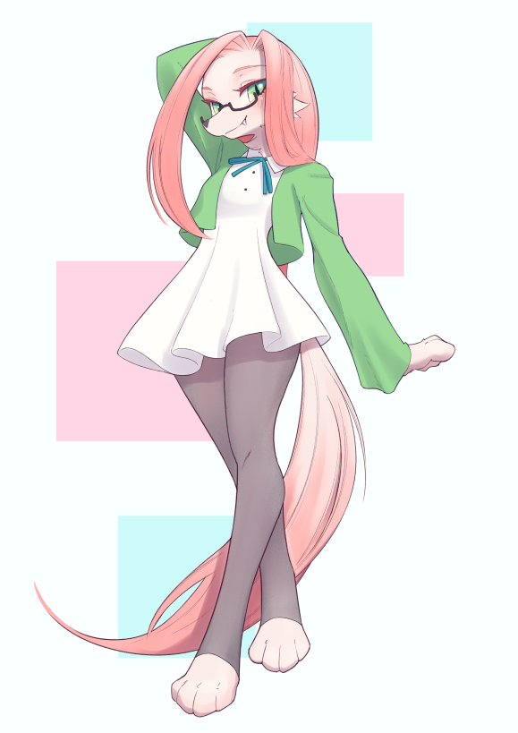 4_toes anthro barefoot blush clothing digitigrade eyewear feet female footless_socks glasses hair hand_behind_head legwear looking_at_viewer pantyhose pink_hair simple_background smile solo standing toes unousaya canid canine canis domestic_dog mammal 2021