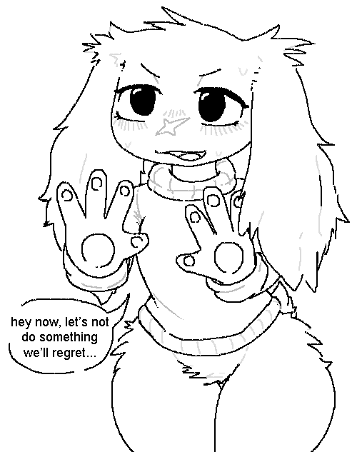 4_fingers anthro black_eyes black_text bottomless bottomless_anthro bottomless_female clothed clothing ellipsis facial_scar female female_anthro fingers floppy_ears lop_ears open_mouth pawpads scar solo speech_bubble sweater sweater_only text tongue topwear topwear_only x_scar commonbleat cave_story sue_sakamoto lagomorph mammal mimiga 2024 english_text monochrome