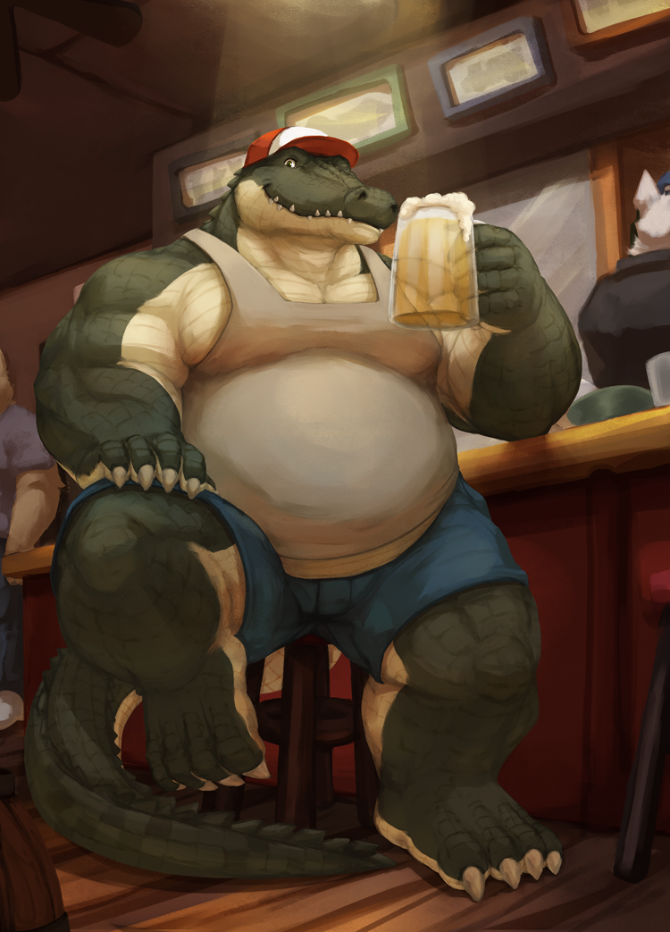 anthro bar beer_mug belly big_belly bottomwear claws clothed clothing fully_clothed furniture green_body green_scales inside looking_at_viewer male musclegut muscular muscular_anthro muscular_male overweight overweight_anthro overweight_male scales shirt shorts sitting smile solo stool tank_top topwear trucker trucker_hat cinna-tree alligator alligatorid crocodilian reptile scalie