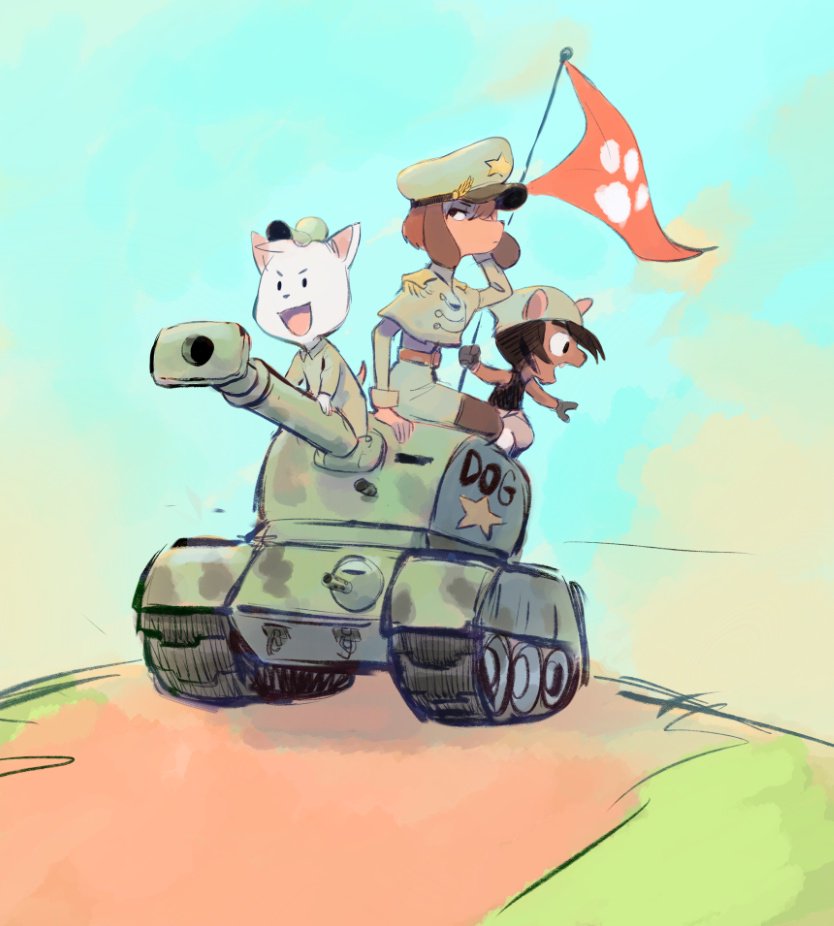 anthro armored_vehicle belt bottomwear brown_hair clothed clothing female flag fur group hair hat headgear headwear male military military_uniform tank uniform vehicle white_body white_fur colo gumbo_(colo) misha_(colo) canid canine canis domestic_dog mammal digital_media_(artwork)