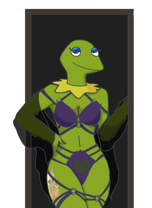 clothing crossgender female lingerie showing_skin solo tattoo wafflefox42 muppets kermit_the_frog miss_piggy amphibian amphibian_humanoid animal_humanoid frog frog_humanoid humanoid alpha_channel digital_drawing_(artwork) digital_media_(artwork) full-length_portrait portrait