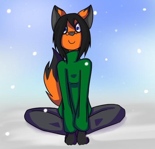 anthro biped black_hair blue_eyes clothing eyewear female fur glasses hair happy orange_body orange_fur outside sitting smile snow snowing solo stare sweater topwear fallenfolf xeila canid canine canis fox hybrid mammal wolf low_res