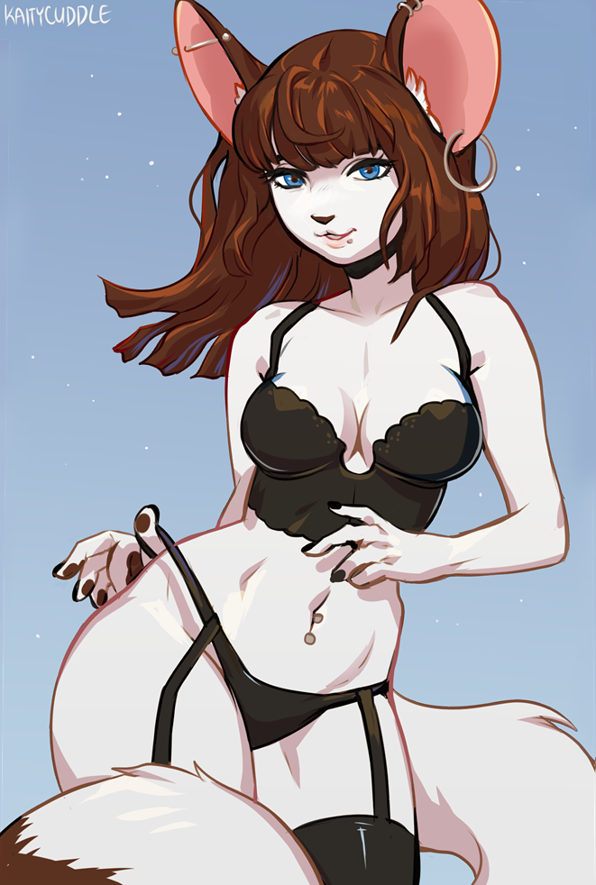 anthro blue_eyes breasts brown_hair clothed clothing cocked_hip ear_piercing ear_ring eyebrows eyelashes facial_piercing female hair lingerie lip_piercing looking_at_viewer navel navel_piercing piercing ring_piercing solo kaitycuddle felid feline mammal 2021 digital_media_(artwork)