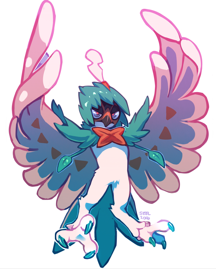 3_toes ambiguous_gender anthro beak brown_body brown_feathers brown_markings claws feathers feet green_body green_claws green_feathers markings purple_eyes solo toe_claws toes ground-lion nintendo pokemon avian decidueye generation_7_pokemon pokemon_(species) 2016 unavailable_at_source