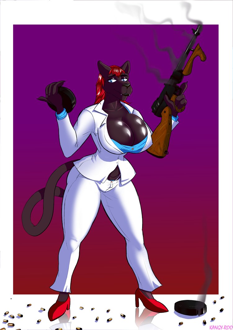 anthro big_breasts breasts brown_body bullet chicago_typewriter cleavage clothed clothing female footwear gangsta gangster glistening glistening_breasts gun high_heels mafia oily osaka_pantera ranged_weapon shoes skimpy smoke solo submachine_gun suit thompson_gun thong thug underwear weapon white_clothing white_outfit white_suit kangy-roo kinky-roo felid mammal pantheress pantherine