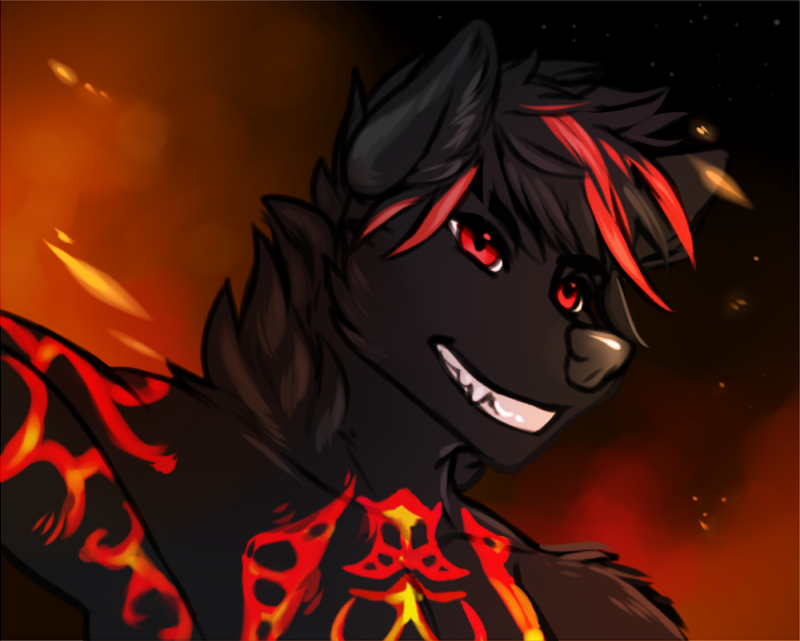 anthro black_hair clothed clothing fire fire_background hair highlights_(coloring) internal_flames looking_at_viewer male markings multicolored_hair smile solo topless two_tone_hair f-ss mythology mitsurugi canid canid_demon canine demon hellhound mammal mythological_canine mythological_creature