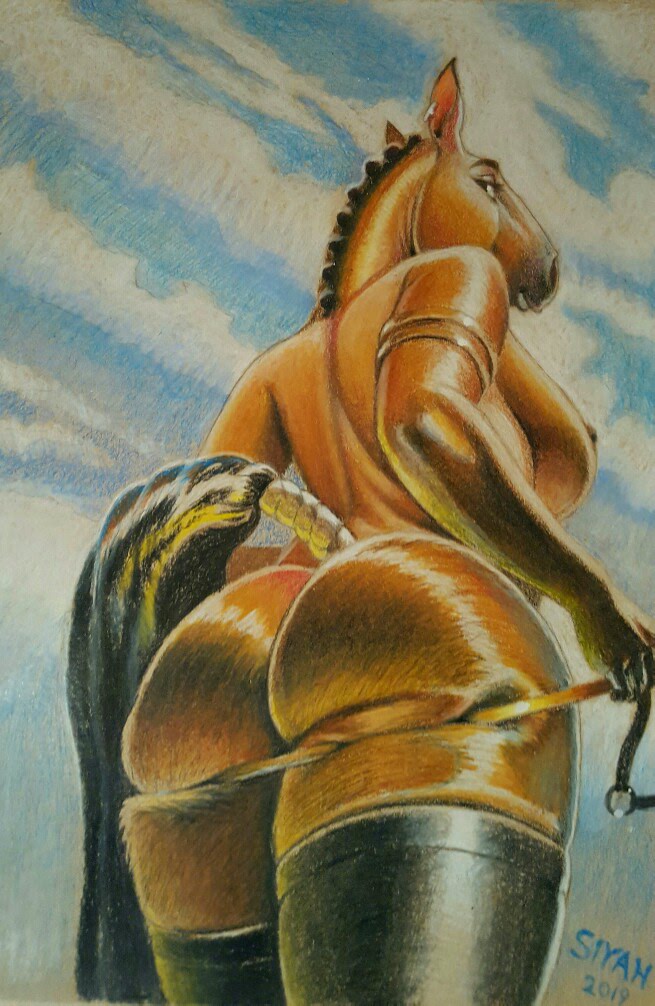 anthro armlet breasts butt clothing female fur jewelry legwear looking_at_viewer looking_back nude outside solo tail tail_wraps text thick_thighs thigh_highs wide_hips wraps siyah equid equine horse mammal 2019 traditional_media_(artwork)